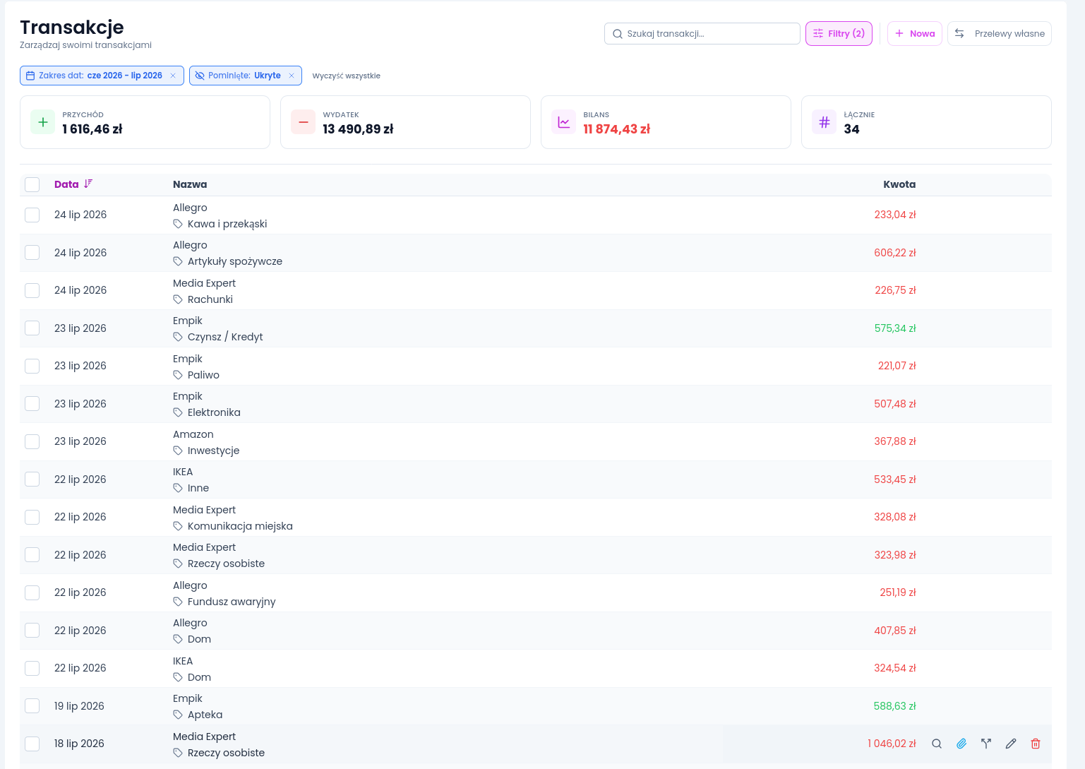Lista transakcji w Finansify